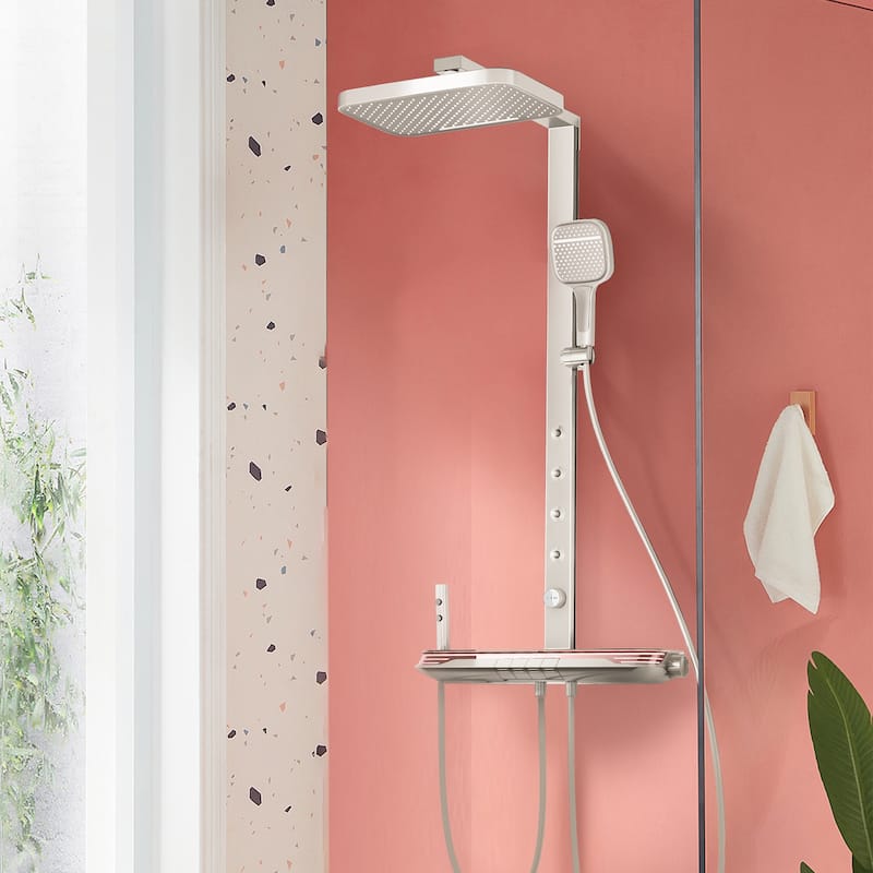 12.99" Solid Brass Five-function Digital Display Thermostatic Shower System with Rough in-Valve - Creamy white