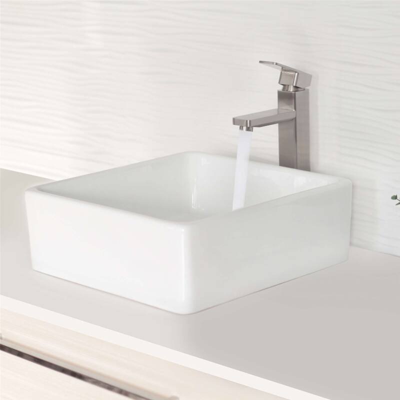 STYLISH Porcelain Square 15-inches Top Mounted Ceramic Vessel Bathroom Sink - 15" x 15" x 5.75"