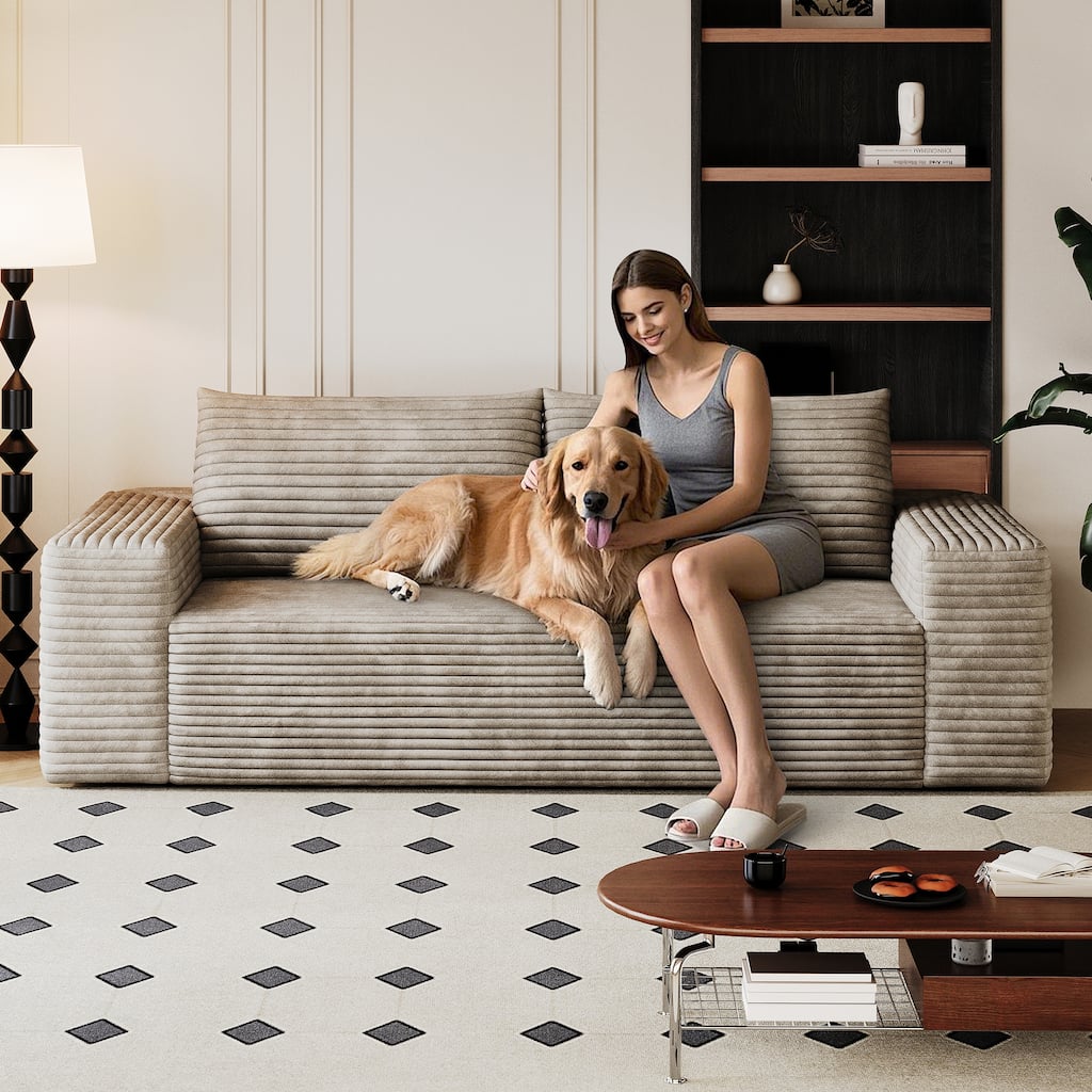 Modern 3-Seater Corduroy Seat Loveseat with High-Resilience Sponge, Pillow and Wide Armrests, for Living Room, Bedroom