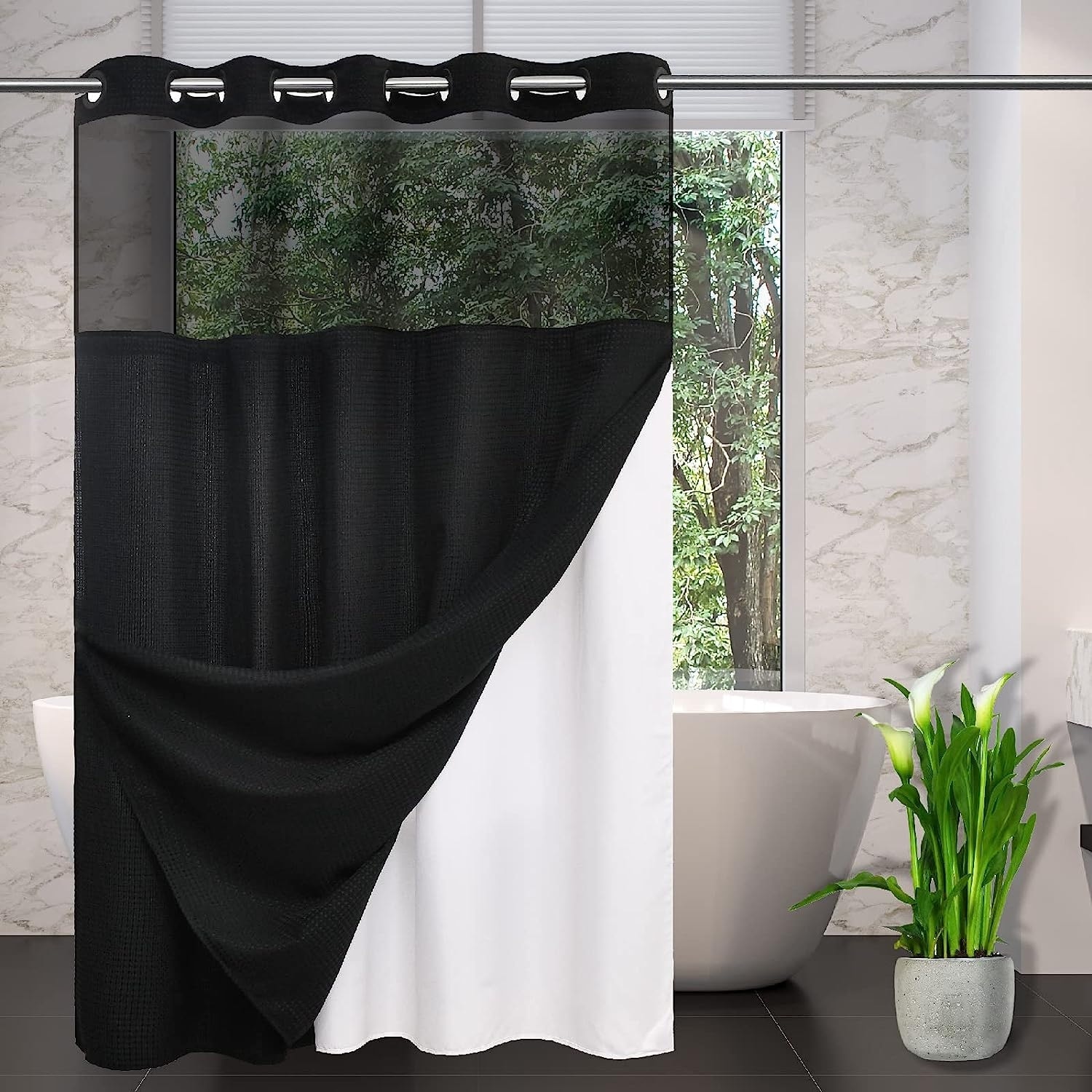 No Hooks Required Waffle Weave Shower Curtain with Snap-In Liner - Hotel  Style S