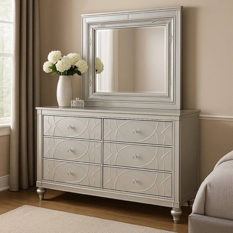 Gina Wide Dresser with Mirror, 6 Drawers, Silver Metallic Wood Frame