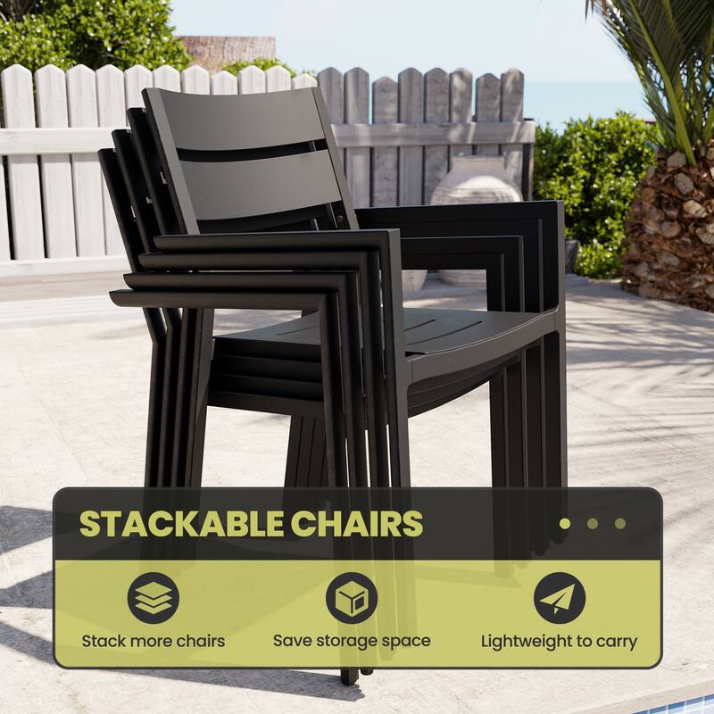11-Piece Set Outdoor Aluminum Dining Table with Umbrella Hole and Stackable Chairs