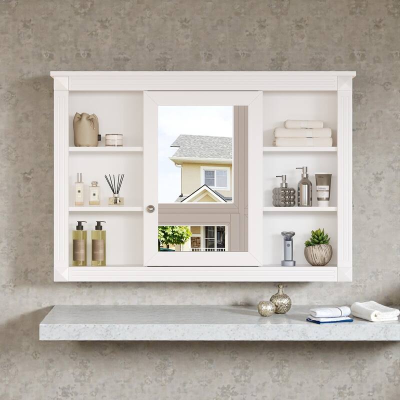 42 Inch Wall Mounted Bathroom Mirror Cabinet, Modern Medicine Cabinet with Mirror Doors and Open Shelves
