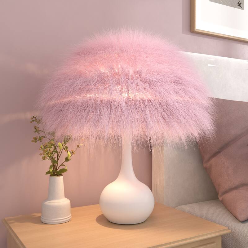 Acroma Teardrop Base Spherical Table Lamp with Feather Accents - Pink&White