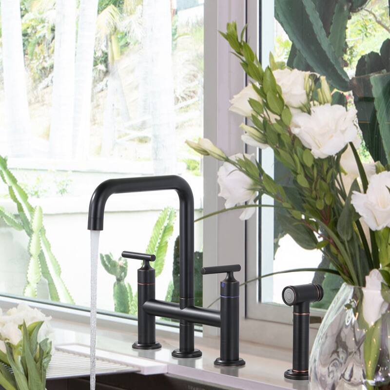 WOWOW Double Handle Bridge Kitchen Faucet with Side Sprayer