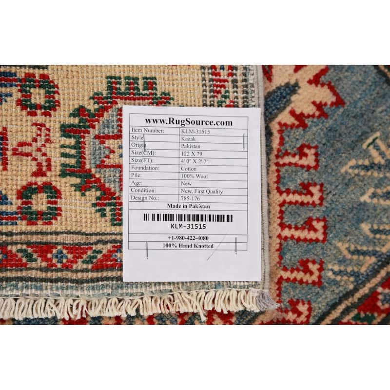 Light Blue Kazak Traditional Foyer Rug Handmade Wool Carpet - 2'7"x 4'0"