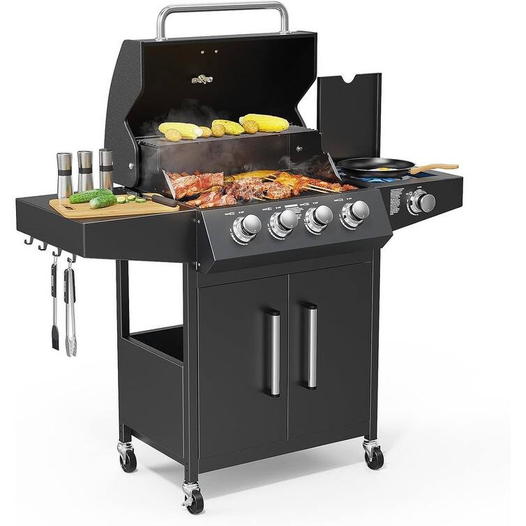 Propane Gas Grill with Side Burner with Enameled Cast Iron Grates, Shelf & Cabinet for Outdoor Barbecue Cooking - Silver/Black