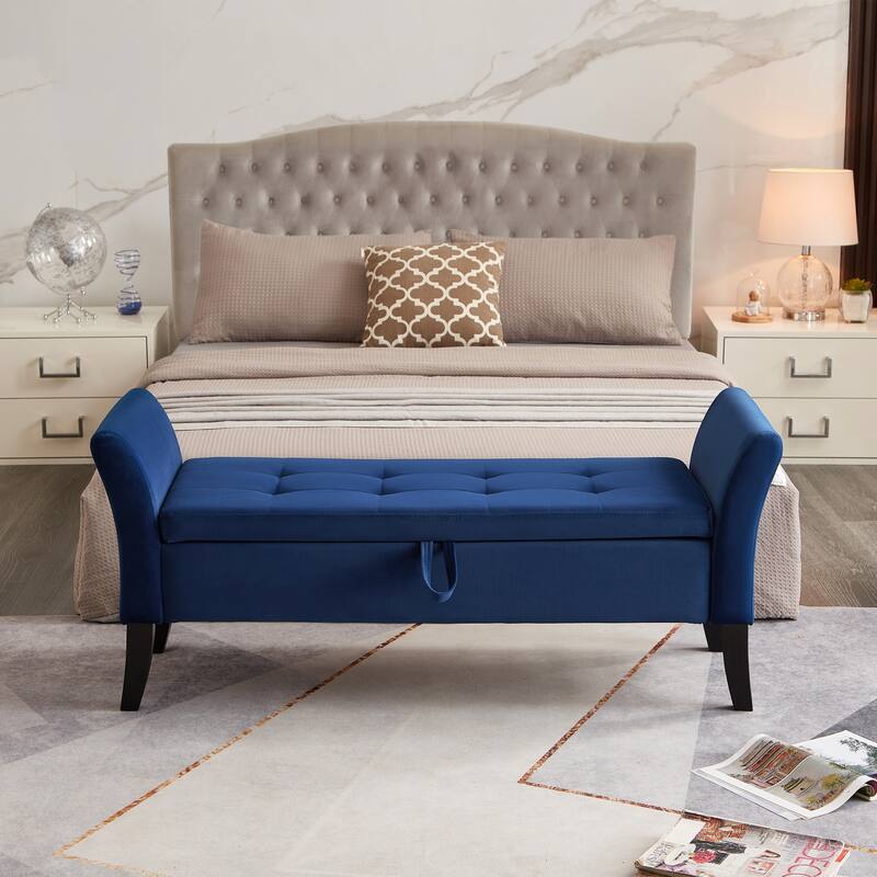 Ottoman Bench Leisure Bench with Solid Wood Legs and Armrests, Upholstered Flip End of Bed Bench with Safety Hinges - Navy Blue