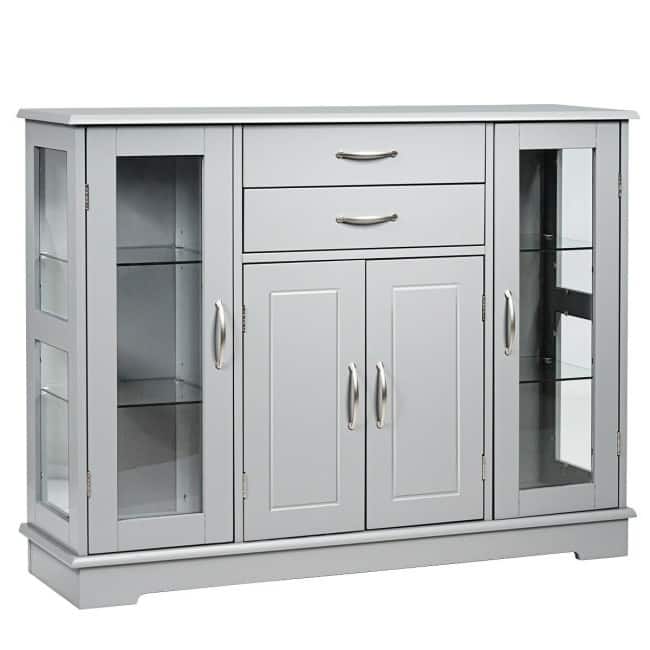 Wood Buffet Sideboard Cabinet with Glass Display Doors - 42 inches L x 11.5 inches W x 32 inches H - Grey