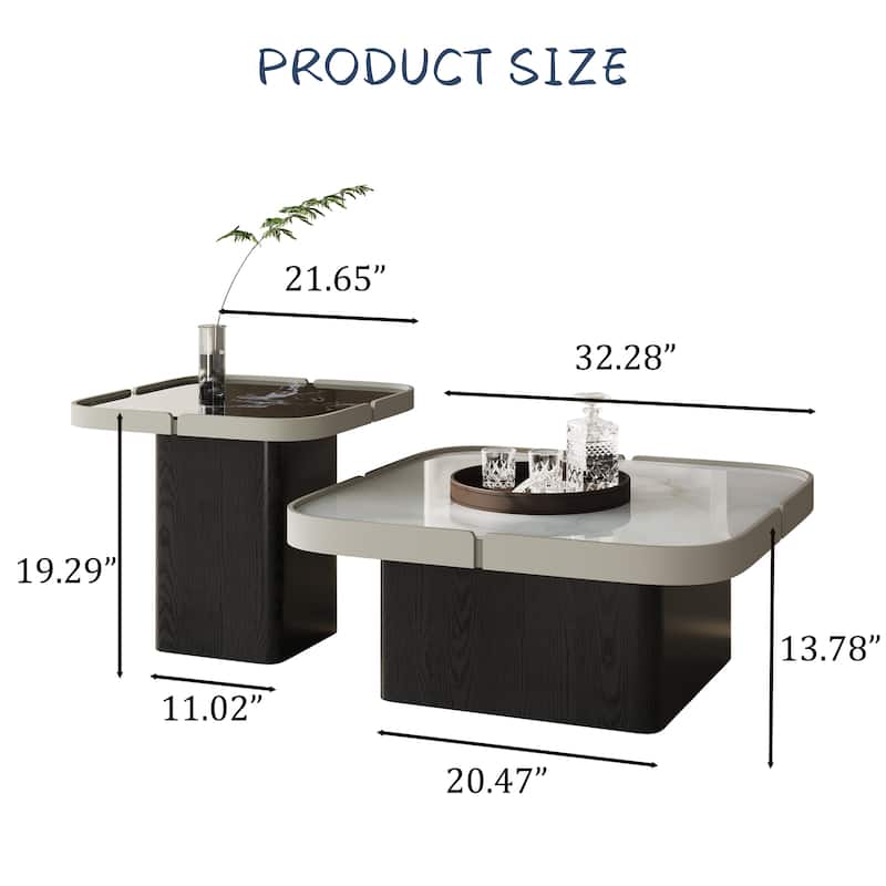 32.28+21.65" Modern Coffee Table Set of 2,Faux Marble Table top, Black solid wood legs