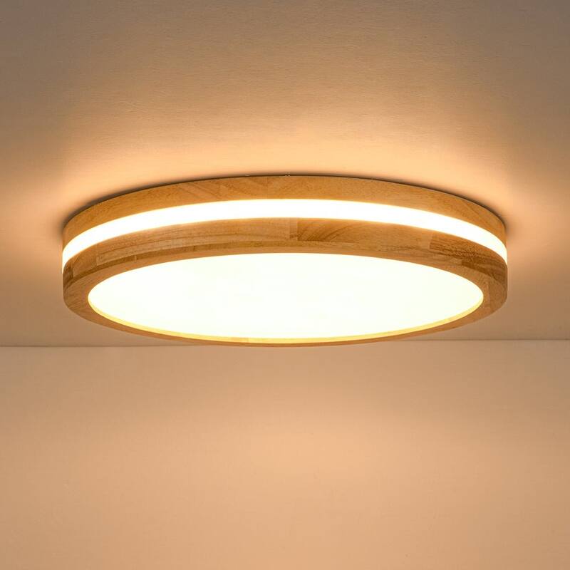 Coastal-style Circular Nested Halo Wood Dimmable LED Flush Mount - 15.7 in
