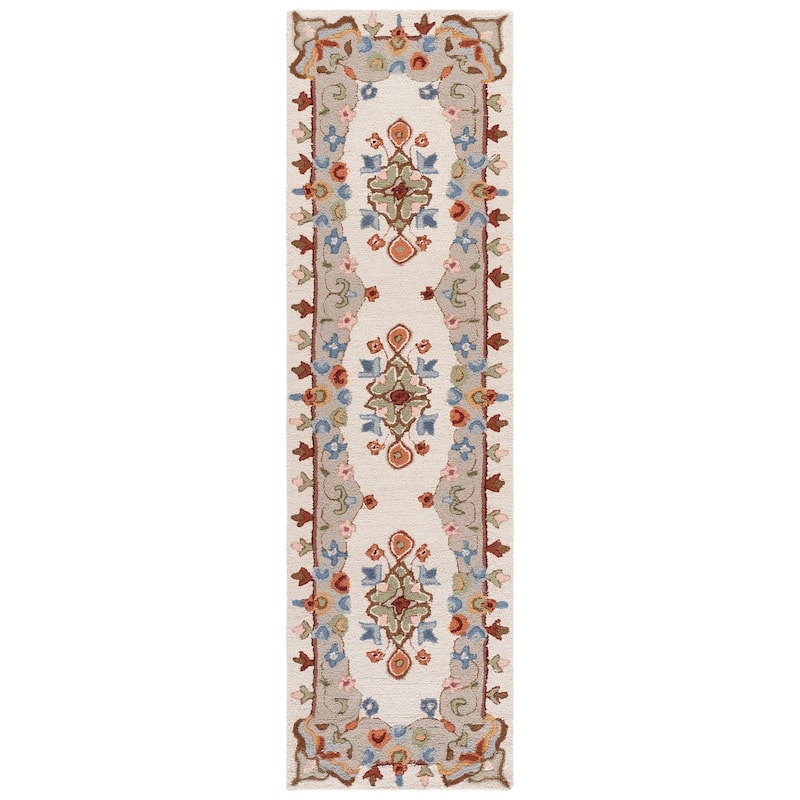 SAFAVIEH Handmade Chelsea Malfridur French Country Floral Wool Rug - 2'3" x 8' Runner - Ivory/Grey