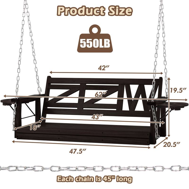 2 or 3-person Wood Porch Swing Heavy Duty with Foldable Tray