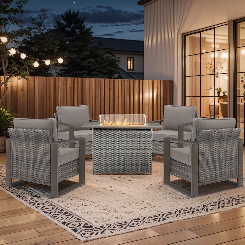 Pocassy Fire Pit Table with Outdoor Sofa Chair Ottoman Set - Grey Wicker Gray Cushion - 5-Piece Patio Chair with Rectangle Fire Table