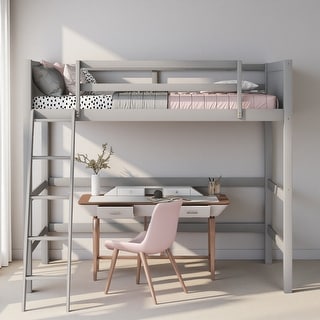 Twin Size Solid Pine Wood Loft Bed with Ladder & Guardrails, Sturdy ...