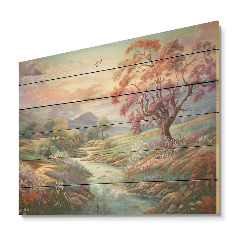 Designart "Countryside Charm Provence Landscape" Countryside Wood Wall Art - Country Wood Panel On Natural Pine Wood