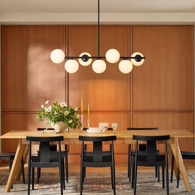 7-Light Mid-Century Modern Gold/Black Sputnik Metal Island Lights with Opal Glass Globe Shades for Kitchen, Dining Room