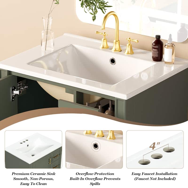 24" Modern Bathroom Vanity with Ceramic Sink - Soft-Close Door, 3 Drawers & Gold Handles