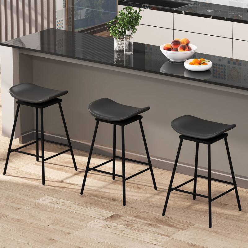 Backless Swivel Bar Stools with Saddle Faux Leather Seat 28 Inch Metal Frame Counter Height Chairs - 17" x 18" x 28" (L x W x H)