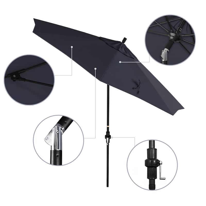 California Umbrella 9' Rd Patio Umbrella Black Aluminum Frame Fiberglass Ribs Crank Lift Collar Tilt, Sunbrella Cilantro