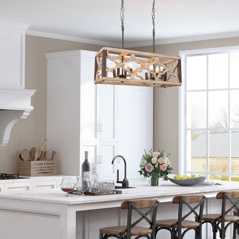 Azizon Farmhouse 8-Light Wood Chandelier Island Lights for Kitchen Island