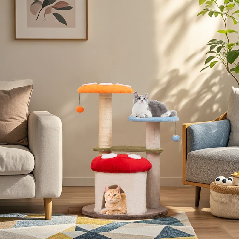 Colorful Mushroom Cat Tree with Multi-Level Platforms and Sisal Scratching Posts 35 Inch