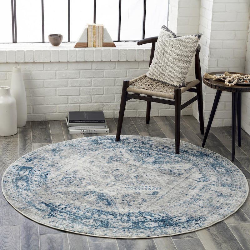 Livabliss Monte Carlo Updated Traditional Medallion Area Rug - Sky Blue - Round - 5' 3" x 5' 3"