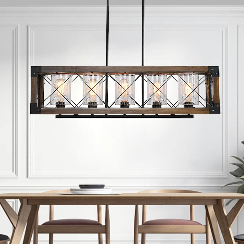 Farmhouse Wood 5-light Linear Chandelier Wire Mesh Cage Island Lights