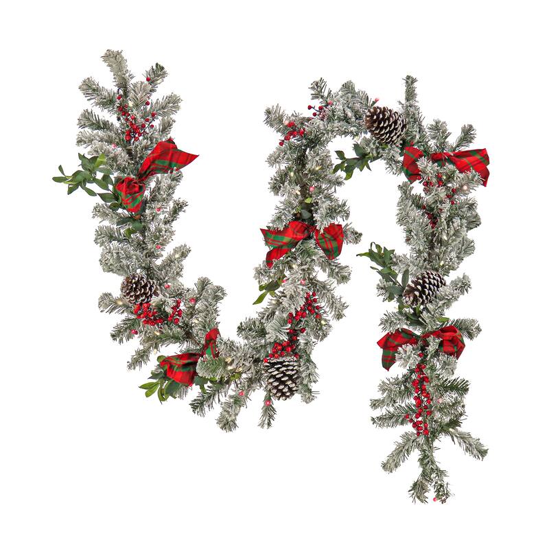 National Tree Company 9 ft. General Store Snowy Garland with LED Lights and Bows - 9 ft