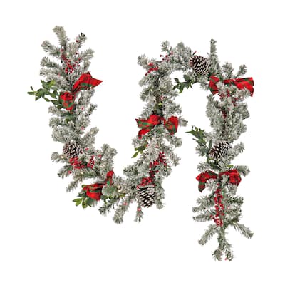 National Tree Company 9 ft. General Store Snowy Garland with LED Lights and Bows - 9 ft