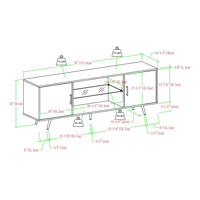 Stylish 70" Mid-Century Modern TV Stand for 80" TVs - Features Glass Shelf and Adjustable Doors