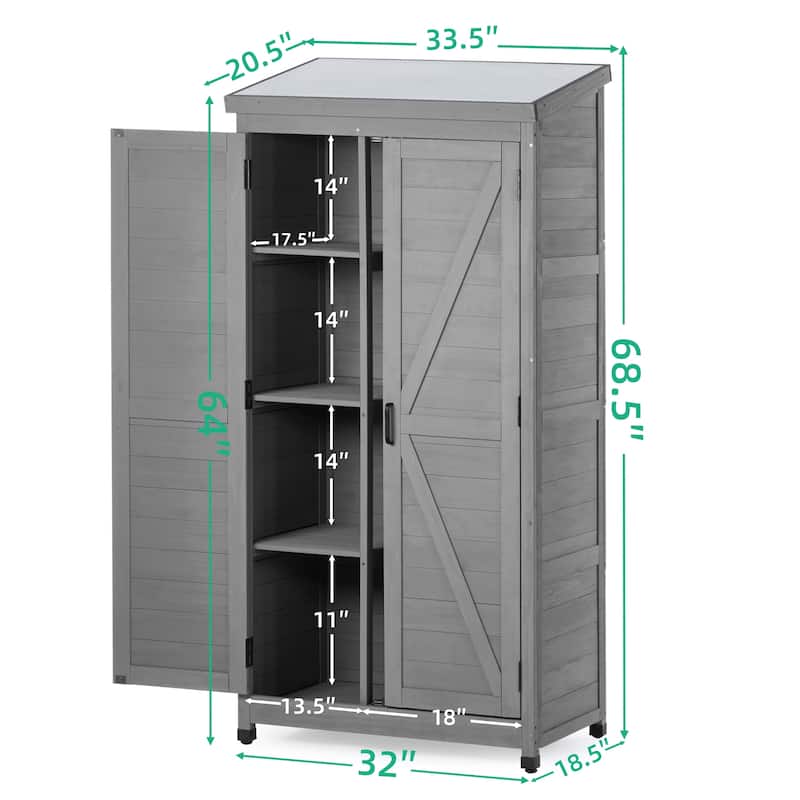 Outdoor Storage Cabinet with Magnetic Door, Garden Storage Shed with Rust-proof and Waterproof Metal Top, Wood Tall Shed