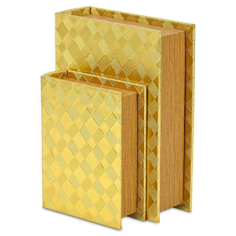 Zuleika Set of 2 Rectangular Decorative Book Boxes - Gold Checkered Diamond Pattern - N/A