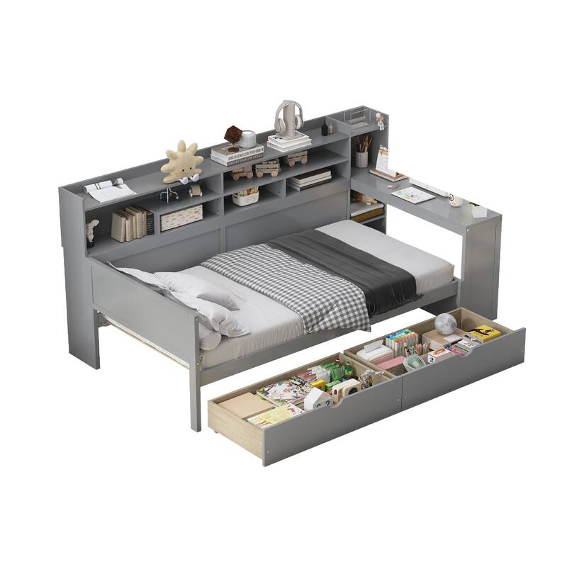 Wood Twin/Full Size Daybed with Storage Shelves, Two Storage Drawers and Study Desk
