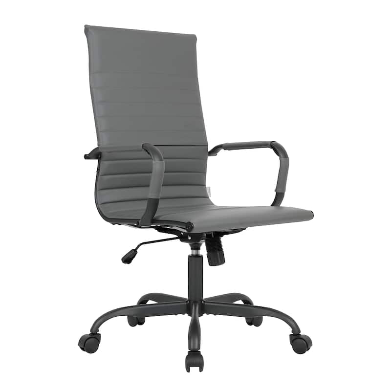 Harris Ribbed Leather Adjustable High-Back Desk Computer Swivel Office Chair in Black Metal Frame for Home Conference - Grey