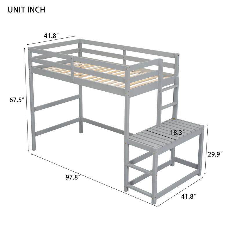 Grey Twin High Loft Bed with Ladder Landing Platform, Guardrails and Ample Underbed Space
