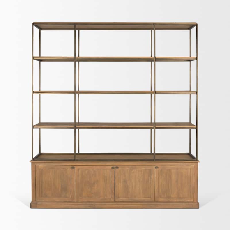 Baron Light / Dark Brown Wood w/ Antiqued Aged Brass Metal 2-Door / 4-Door Open Shelving Unit