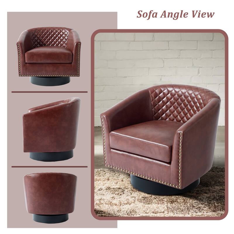 Tufted PU Vegan Leather Swivel Barrel Chair with Nailheads Trim