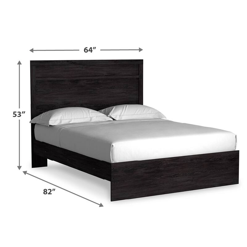 Cyme Queen Size Bed w Plank Headboard, Minimalist Charcoal Black