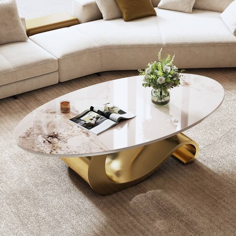 Modern Oval Faux Marble Coffee Table with Curved Stainless Steel Base