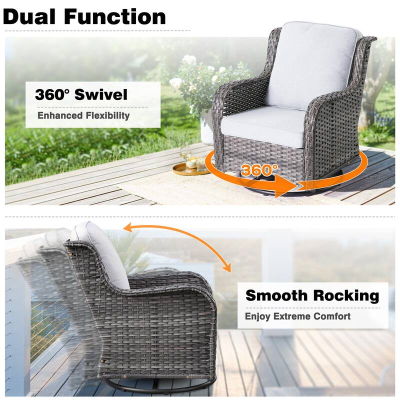 OVIOS 9-piece Patio Wicker Swivel Rocking Chair Set With Fire Pit