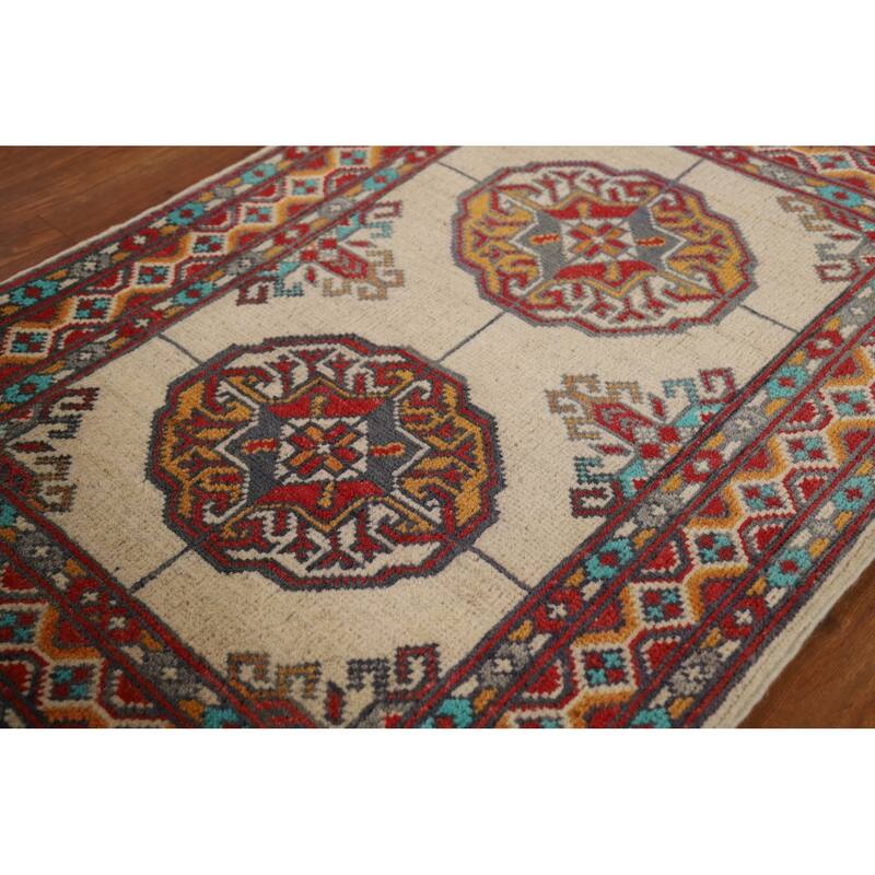 Geometric Kazak Foyer Rug Handmade Beige Traditional Wool Carpet - 2'0" x 3'0"