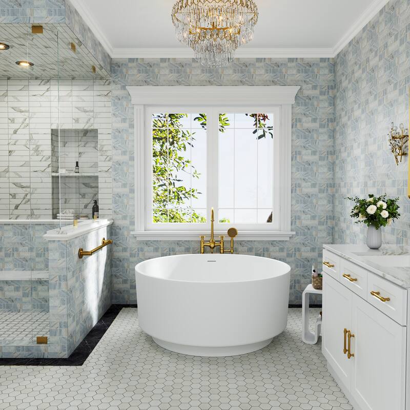 49 in. Freestanding Solid Surface Round Soaking Bathtub in Matte White, Compact Design with Center Drain