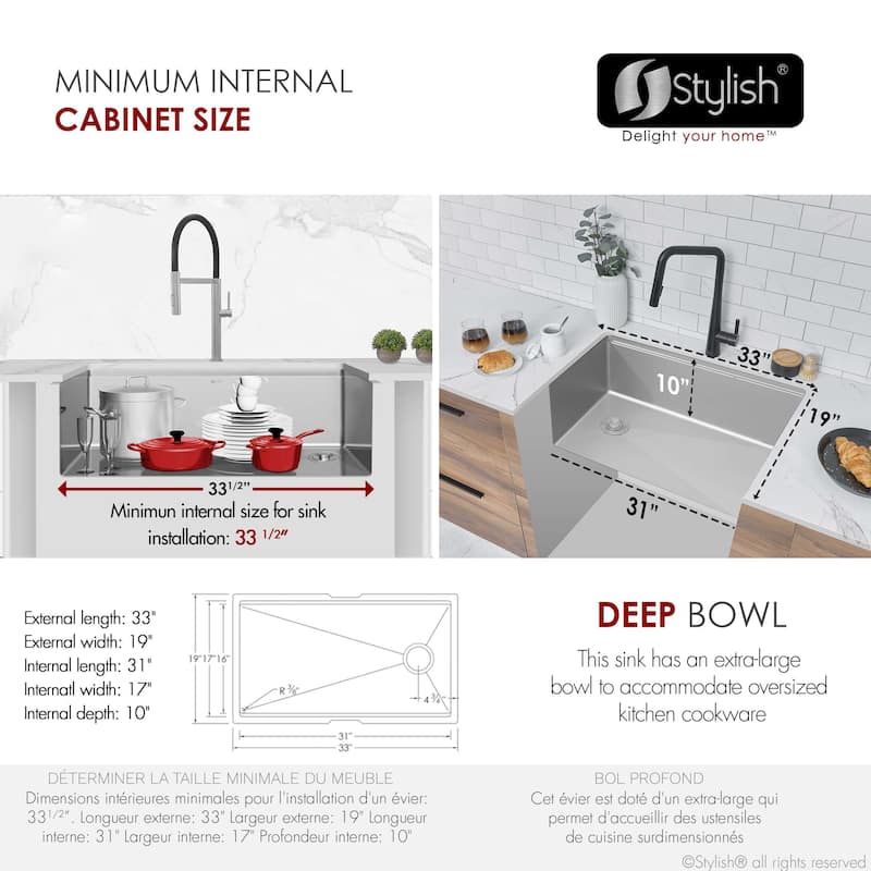 Versa33 Undermount 33" Single Bowl Stainless Steel Kitchen Sink - 33" x 19" x 10"