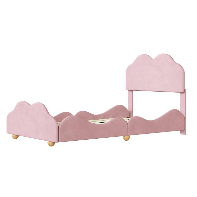Twin/Full Size Bed Frame with Cloud Shaped Headboard and Footboard, Velvet Platform Bed with Slats Support, No Box Spring Needed
