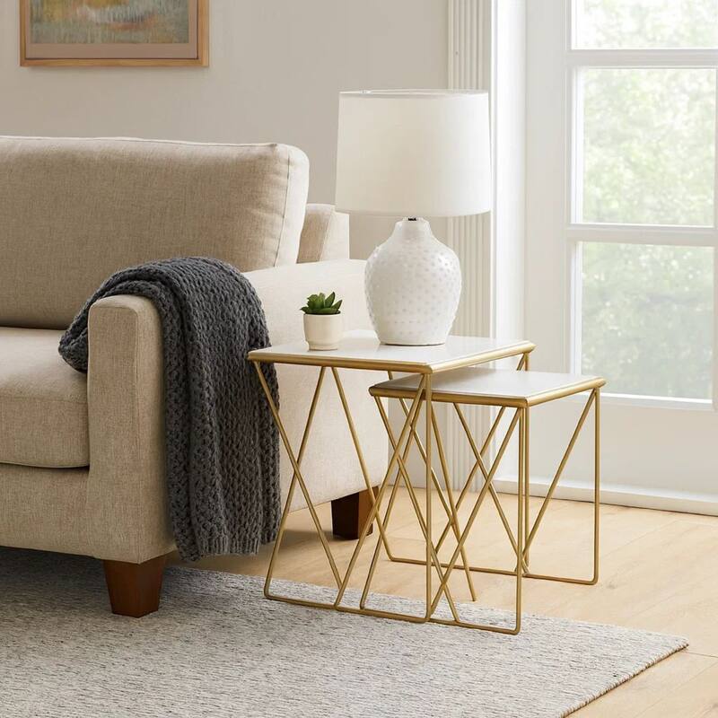 2 Piece Marble Top Nesting Table with Geometric Base, White and Gold