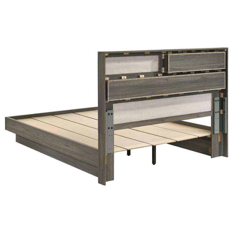 Fene Queen Size Bed, Bookcase Headboard, Wood Gray, Hidden Storage