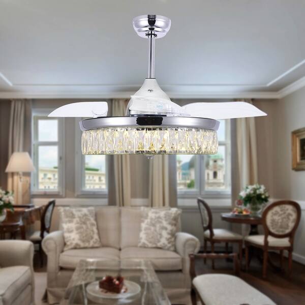 slide 1 of 12, Mid-century Retractable Ceiling Lighted Fandelier with Remote - 42 inches Chrome