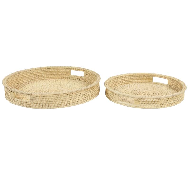 Cream Rattan Living Room Decor Tray with Slot Handles (Set of 2) - 20 x 20 x 3Round