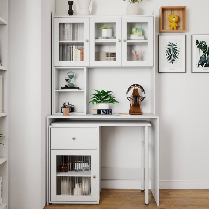 Computer Desk with glass door - White